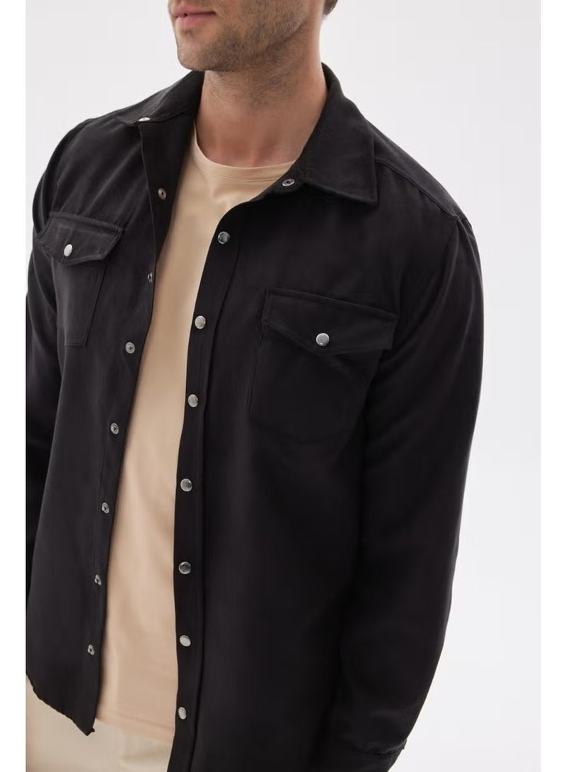 Odelon Slim Fit Men's Black Shirt Jacket with Pockets - Image 3